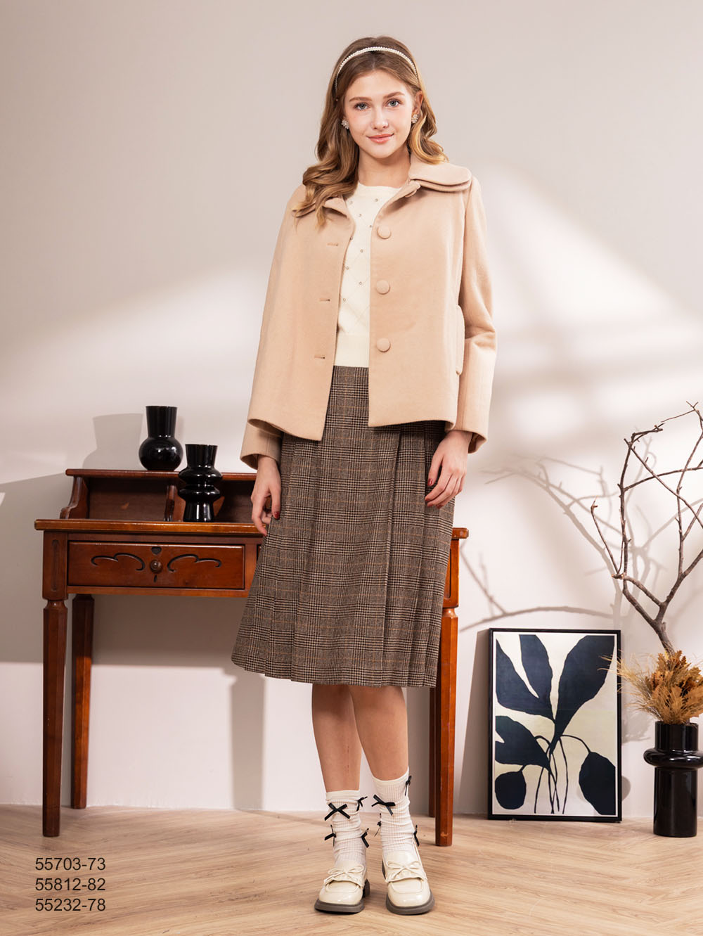 復古打褶裙-咖啡色