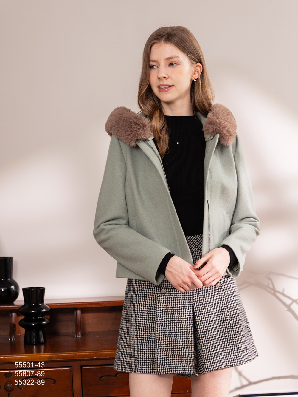 毛領連帽外套-淺綠色