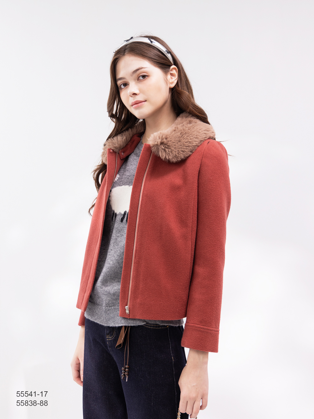 優雅毛領連帽外套-紅色