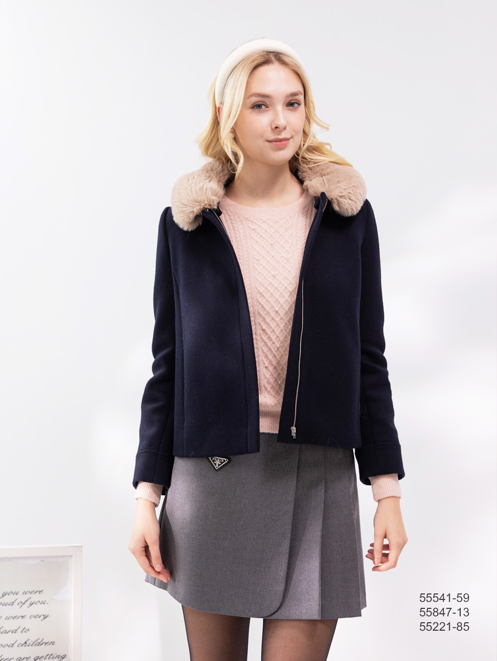 優雅毛領連帽外套-夜藍色