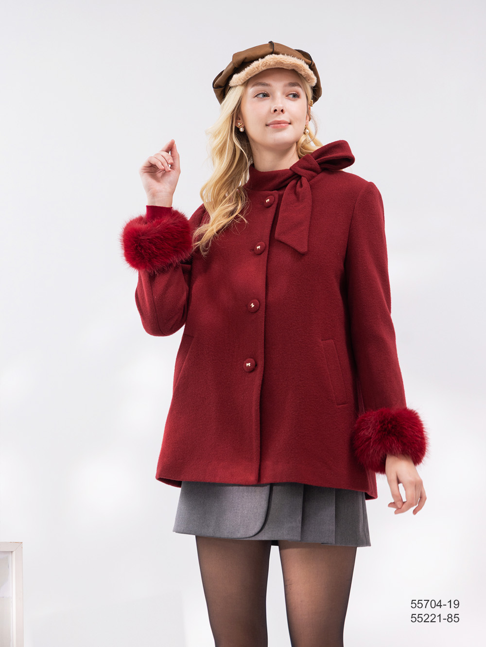 波爾多紅毛料大衣-紅色