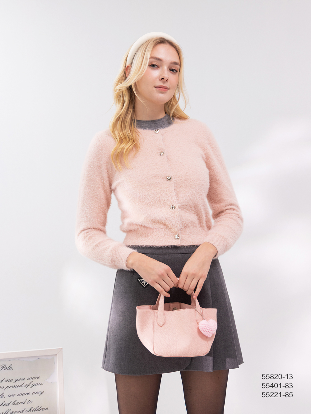 仿貂毛開襟針織外套-粉色