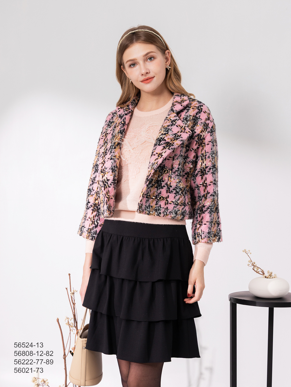 率性花呢雙排釦外套-粉色