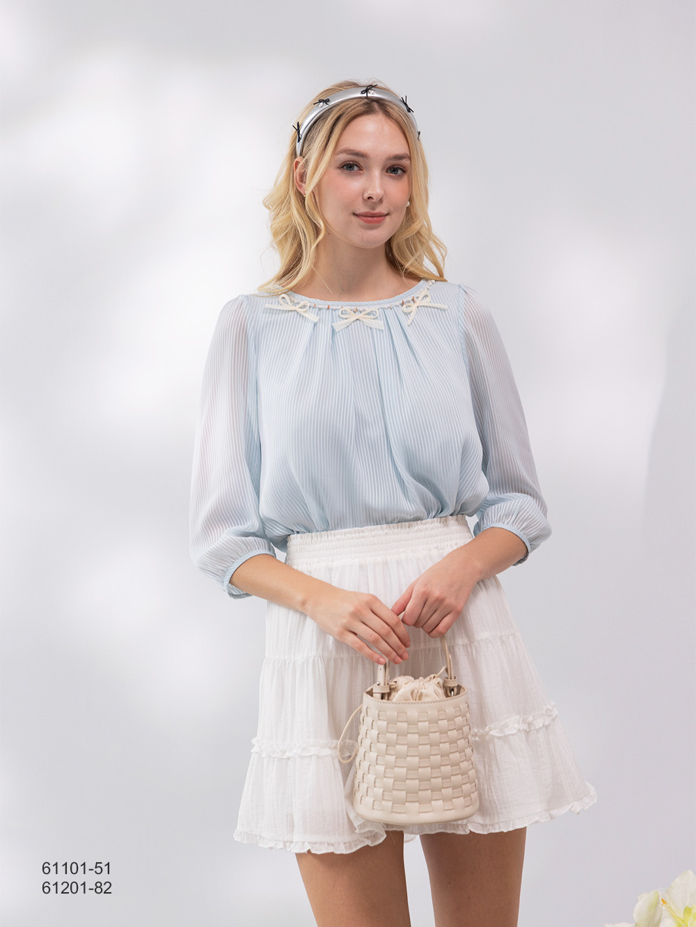 透膚條紋雪紡上衣-藍色