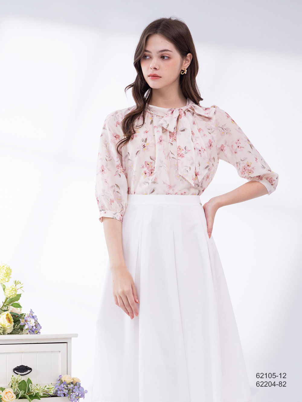 古典花園綁帶領上衣-粉色