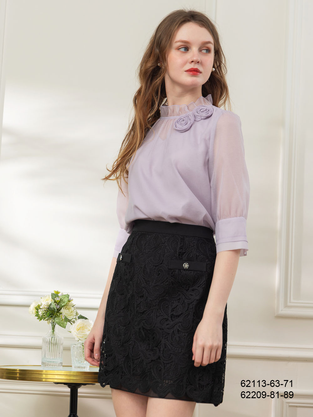 清雅透紗七分袖上衣-紫色