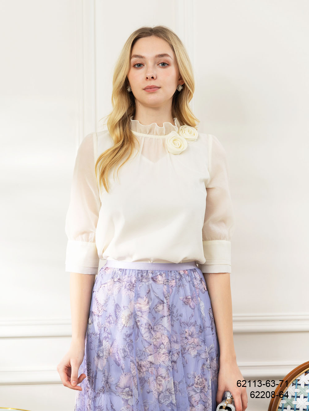 清雅透紗七分袖上衣-淺卡其