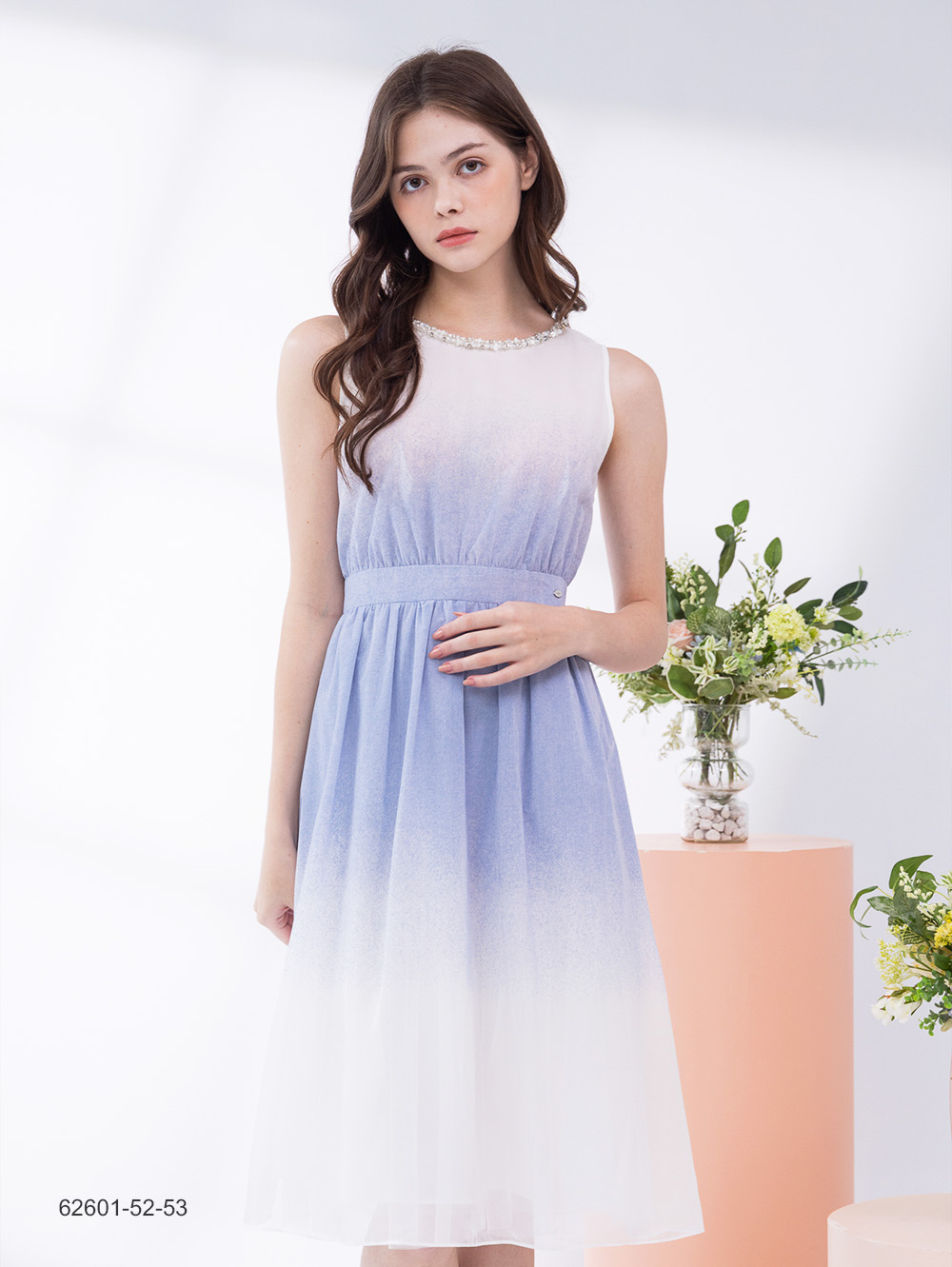 雪紡絨領飾洋裝-藍色